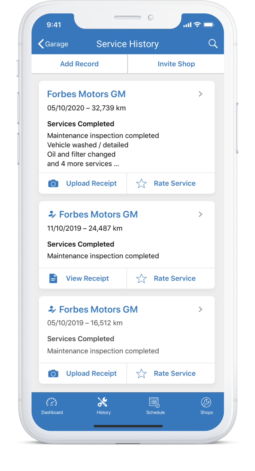 Screenshot of the Car Care services screen on a mobile device