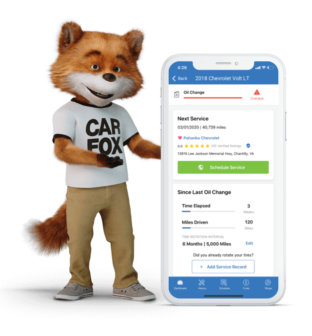 Car fox and a screenshot of the Car Care oil change screen on a mobile device